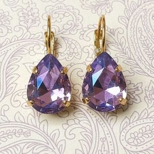 Sparkling Tanzanite Purple  Swarovski Crystal In Gold Plated Drop Down Earrings